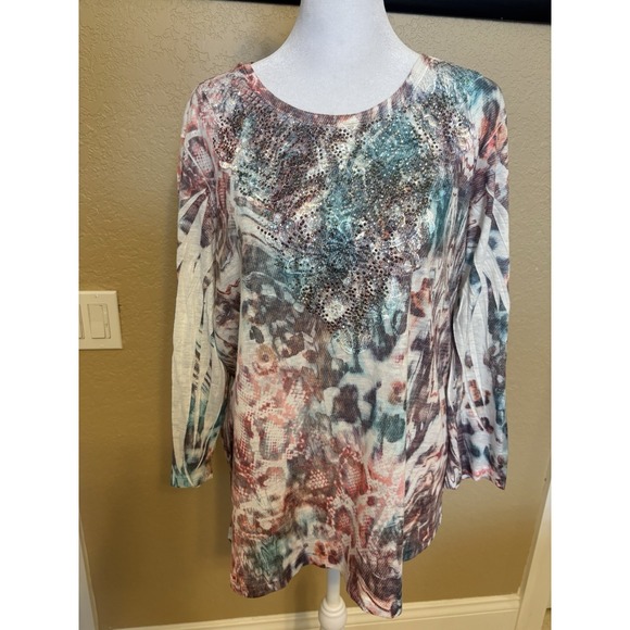 Reba Tops - Reba Southwestern Boho Embellished Tunic Top, XL
